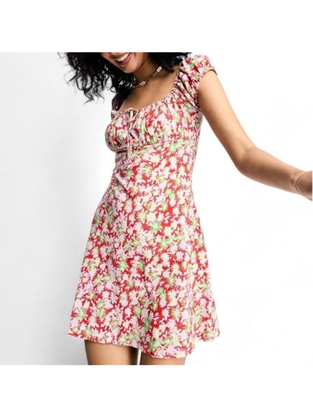 ASOS Design Cap Sleeve Empire Waist Babydoll Mini Dress in Red and Purple Floral